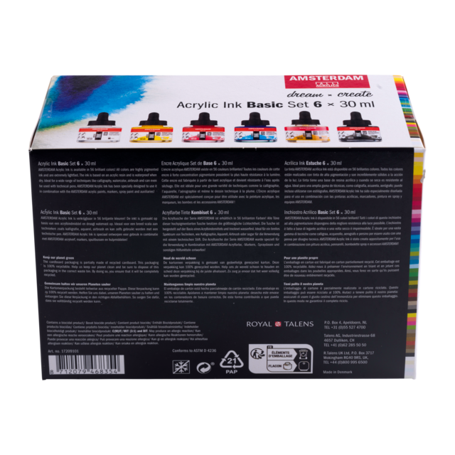 Talens Amsterdam Acrylic Ink Set : Liquid Acrylic Paint : 30 ml x 6 Colours  : Basic